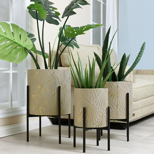 LuxenHome Planters for Indoor Plants, Set of 3 Floor Plants Pots with Stands, Modern Decorative Metal Flower Pots, Green Gray Cachepot Planters,10.5", 12", 14" Inch - color: Green Gray