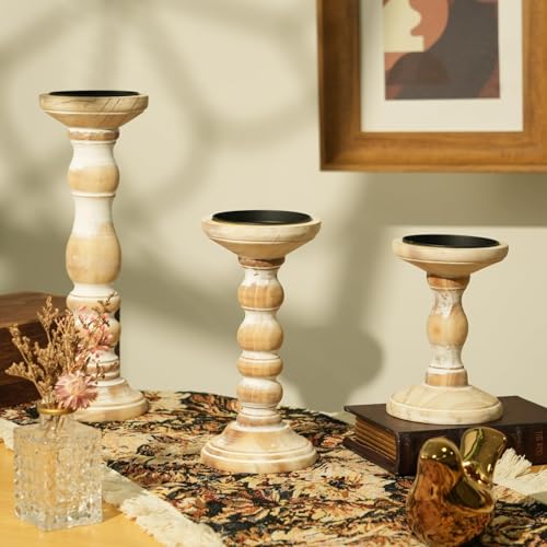 Wooden Pillar Candle Holder: Rustic White Candle Stand Wood Distressed Candleholders Farmhouse Fall Decor for Christmas Fireplace Mantle Dining Table Living Room Shelf Set of 3 - color: Rustic White, size: 5.9", 8.26", 11.81"
