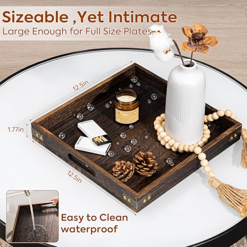 Yangbaga Serving Tray with Handles,13"*13"Wood Decorative Tray for Living Room,Modern Coffee Table Tray,Square Large Serving Platters for Home Decor,Ottoman,Bed,Kitchen,Bathroom, Breakfast,Bar - size: 13" x 13" x 1.8"