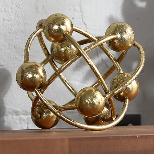 6-inch Metal Round Orbital Sphere with Golden Orbit Balls, Decorative Gold Sphere Sculpture for Home Table Shelf Decor