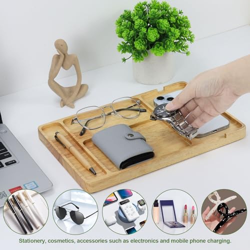Buqoo Rubberwood Valet Tray with Cable Slot - 11.7 x 7.9 Inch Wooden Catch All Organizer Tray, Desk & Nightstand Organizer for Keys, Wallet, Jewelry, Phone, Watch, Earbuds