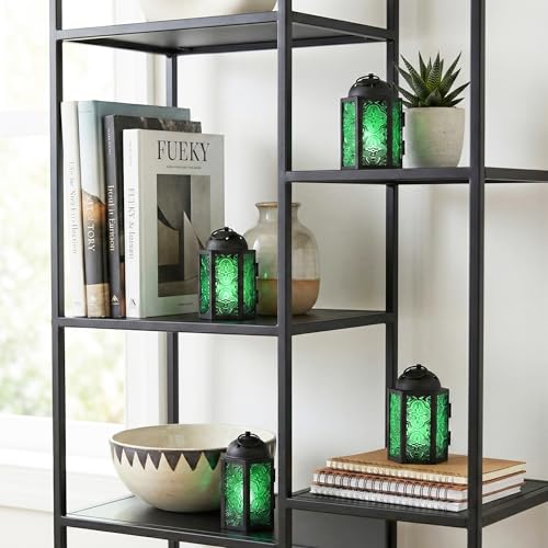VELA LANTERNS Mini Moroccan Tea Light Candle Holder Lanterns – 4.25" Small Decorative Lantern for Table or Hanging, Metal with Glass Panels – Ramadan, Wedding, Home Decor, Emerald Green (Set of 4) - color: Emerald Green