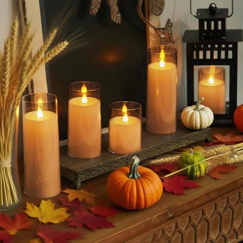 Homemory Amber Flickering Flameless Candles, Battery Operated Acrylic LED Pillar Candles with Remote Control and Timer, Fall Candles, Set of 5 - color: Amber