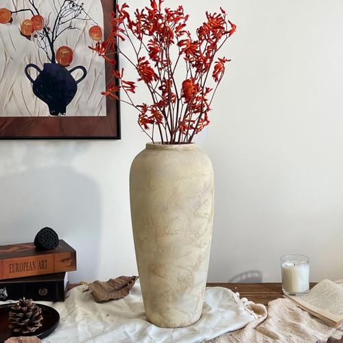 15 Inch Farmhouse Decor Ceramic Rustic Vase,Beige Handmade Flower Vases for Centerpieces,Pottery Vase for Living Room,Kitchen & Bedroom Decor,Vintage Ceramic Vases for Wedding - color: Beige, size: Large