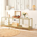 HOOBRO TV Stand with LED Lights and Power Outlets for TVs up to 75", Modern 63 Inch Tempered Glass TV Console Table with Open Shelves, Media Entertainment Center for Living Room, Gold GD165UDS01 - size: 63 Inch