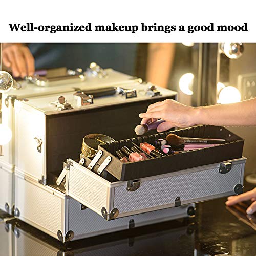 Joligrace Extra Large Makeup Train Case 6 Tray Make Up Artists Organizer Box Lockable Cosmetic Jewelry Toiletries Carrier Crafters Tool Cases with Adjustable Dividers & Shoulder Strap - Silver - color: Silvery White