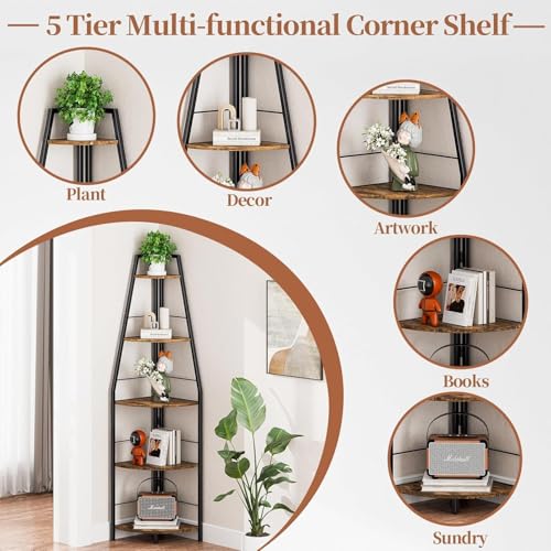 Gemfueque Versatile 66-Inch Tall Corner Shelf, 5-Tier Ladder Bookshelf, Easy Assembly Black Metal Frame Wood Shelf for Living Room, Bedroom, Home Office