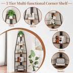 Gemfueque Versatile 66-Inch Tall Corner Shelf, 5-Tier Ladder Bookshelf, Easy Assembly Black Metal Frame Wood Shelf for Living Room, Bedroom, Home Office