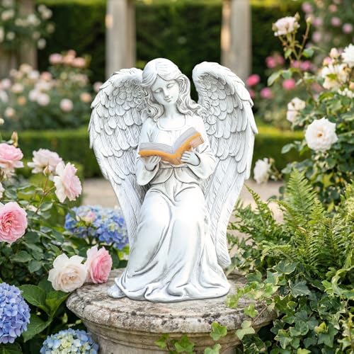 Angel Statue Outdoor Decor, Elegant Angel Garden Statues Reading Book with Solar LED Lights Yard Decorations Lawn Ornaments Figurines Resin Sculpture for Outside, Angel Gardening Gifts - style: Ancient Book