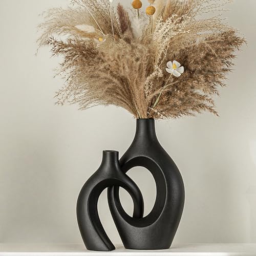 Lvases Snuggle Hollow Modern Ceramic Vase Set of 2, Mid Century Nordic Aesthetic Decorative Vase Decorative Vases for Home Table Decor (Matte Black W 6.8" X H 11") - color: Extra Large Matte Black