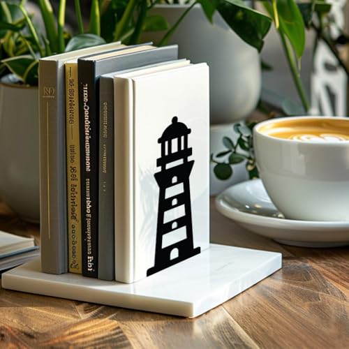 Peacoblue Metal Bookends for Shelves, Modern Decorative Heavy Duty Study Book Support Stoppers for Office, Desk, Shelf, Room 5.3"x4.3"x7.9" Cast Iron Simple Tall Bookends, 1 Pair (Lighthouse) - style: Lighthouse