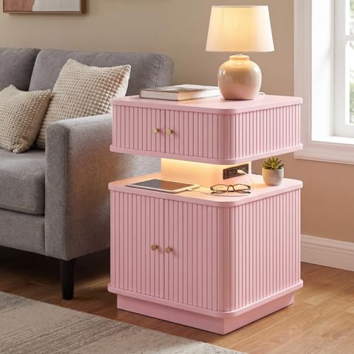 LED Light End Table with Charging Station, Pink Mid Century Bedside Table with USB Type A C Ports, Small Fluted Accent TV Control Nightstand with 2 Sliding Door for Living Room, Curvy Edge - color: Pink
