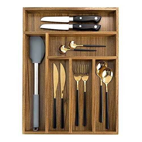 EcoFives Luxury Acacia Kitchen Drawer Organizer - Silverware Organizer - Utensil Holder and Cutlery Tray with Grooved Drawer Dividers for Flatware and Kitchen Utensils (6 Slot) - size: 6 Compartments