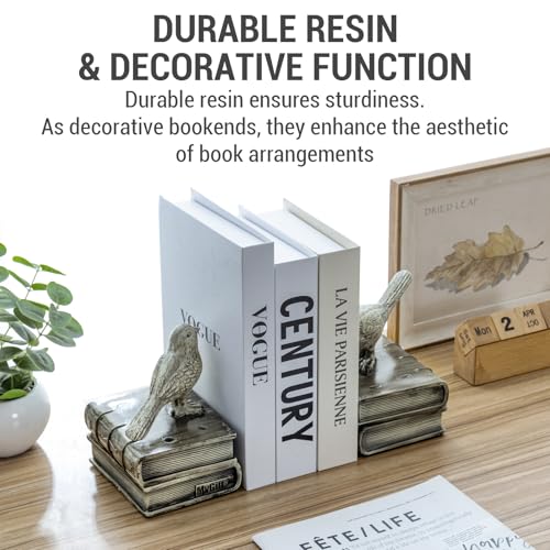 MyGift Resin Decorative Bookends for Heavy Books with Bird and Book Design, Farmhouse Book Ends, Vintage White Bookends, 1 Pair - color: White