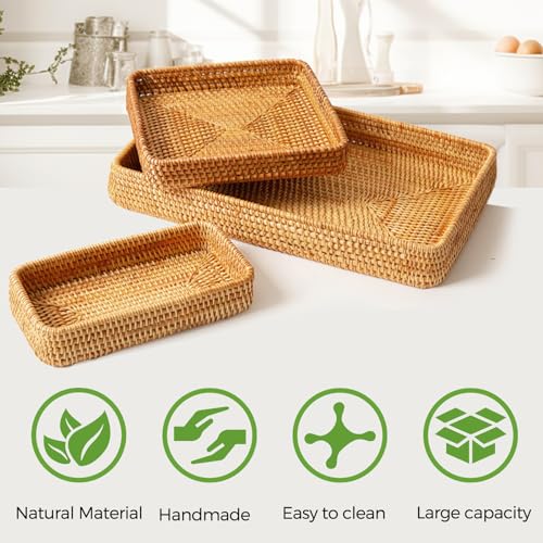Rattan Serving Tray, Rectangle Basket Set of 3, Wicker Storage and Organizing Baskets, Natural Decorative Woven Tray for Home Decor, Bathroom, Kitchen Counter - style: Set of 3