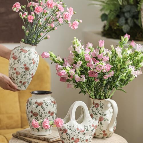 Vintage Ceramic Vase - 8.2 Inch Hand-Painted Roses with Ice Crackle Glaze Finish, American Farmhouse Style Pitcher Vase for Home Decor, Centerpiece, Shelf, Table, Office, Rustic Wedding Gift - color: Beige and Red-001