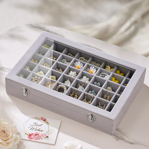 48 Grid Earring Organizer and Storage: Velvet Jewelry Tray with Lid, Jewelry Box for Studs, Earrings, Rings, Necklaces, Dresser & Vanity, Earrings Case Organizer for Girls, Women, 13"x8.6"x2.4", Grey - color: Grey