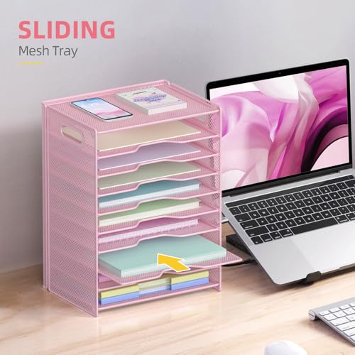 OUTWOLF 10 Tier Paper Organizer - Letter Tray Mesh Desk File Organizer with Handles for Office School Desktop, Pink - color: Pink