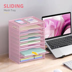 OUTWOLF 10 Tier Paper Organizer - Letter Tray Mesh Desk File Organizer with Handles for Office School Desktop, Pink - color: Pink