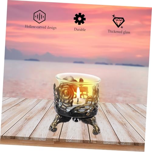 Retro Iron Carving Hollowed Candlestick Holder with Glass Cup Vintage Decorative Candle Holder for Home Office Craftsmanship Clean Surface for Holidays Weddings and Dinner Parties