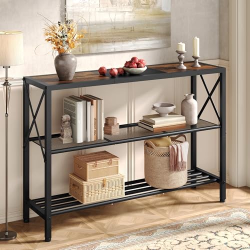 Hoctieon Industrial Console Table, 3 Tier Entryway Table, Hallway Table, Narrow Sofa Table with Shelves, Entrance Table for Entryway, Rustic Brown&Black - color: Rustic Brown & Black