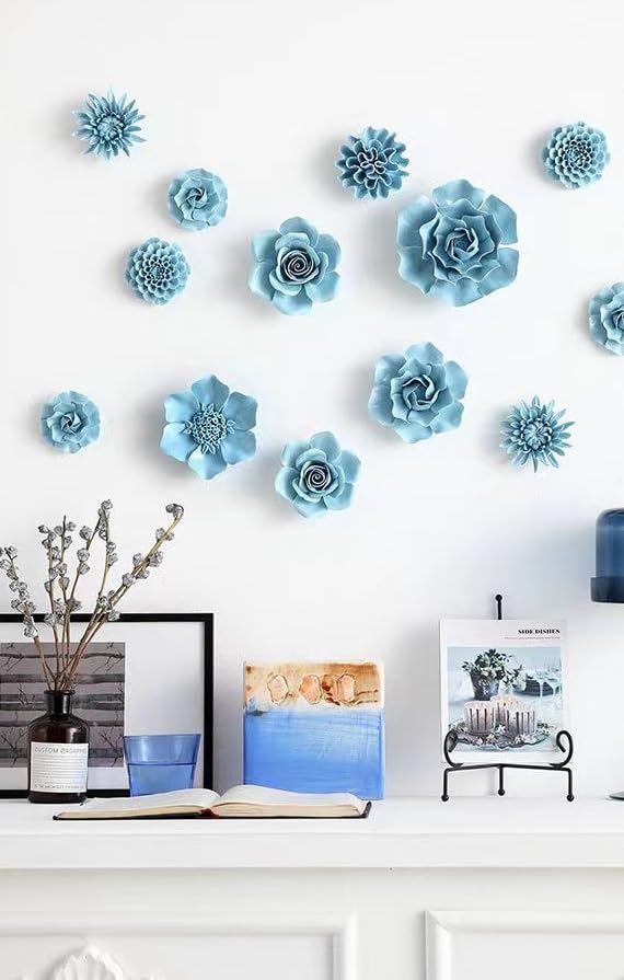 AMERRY 3D Flower Wall Art, Handmade Porcelain Decor for Home & Office (Blue, Carnation, 3.15") - color: Blue,Carnation，3.15"
