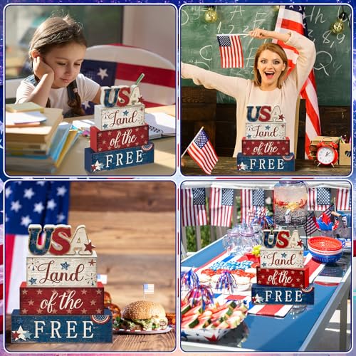 CroBlissful 4 Pcs 4th of July Decorations Patriotic Memorial Day Tabletop Decorations Red White Blue Table Centerpieces Sign for Office Tiered Tray Home Shelf 250th Anniversary(Independence Day Usa) - style: Independence Day Usa