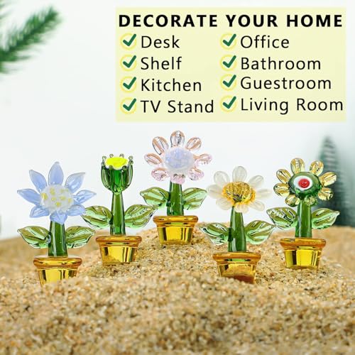 H&D HYALINE & DORA 5pcs Handcraft Glass Blown Flowers Plants Figurines Mini Glass Art Flowers Collectibles Home Office Tabletop Garden Simulation Plants Decor Car Inner Ornaments - color: Flowers Plants