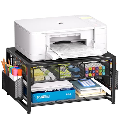 Marbrasse Metal Printer Stand for Desk with Storage Drawer and 2 Pen Holders, 2-Tier Desktop Organizer Printer Table for Home Office, Multi-Purpose Desk Organizer for Fax Machine Scanner Files(Black) - color: Black