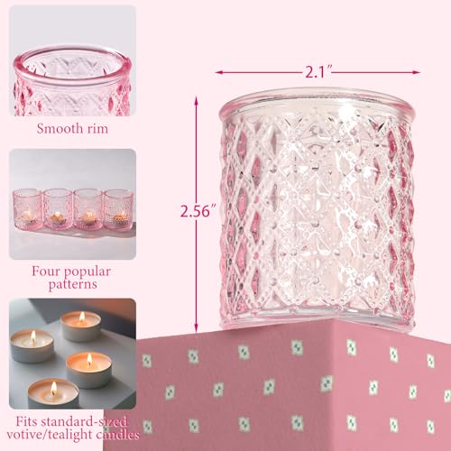 LETINE Set of 16 Pink Votive Candle Holders, Glass Tea Light Candle Holder with 4 Retro & Floral Patterns, Decorative Candle Holders for Parties, Spring Summer Wedding Table Centerpieces & Home Decor - color: Pink