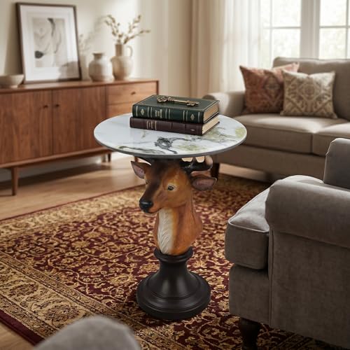 Deer Head Sculptural Accent Table for Living Room & Entryway, 19.69" D x 25.59" H, Resin Animal End Table, Waterproof Outdoor Decor, Unique Gift for Housewarming - color: Realistic Deer Color