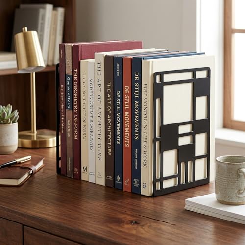 Metal Bookends for Shelves, Black Abstract Art Design Book Ends for Heavy Books, 1 Pair, 6.42x4.72x3.94 Inch, Anti-Slip Heavy Duty Book Dividers
