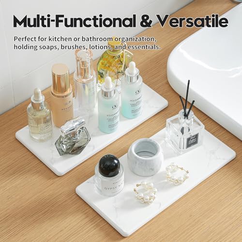 2PCS 10"x 5" Large Bathroom Sink Vanity Trays, Water Absorbing Diatomite Stone Quick Drying Mat for Kitchen Counter, Dish Rack Dispensers Sponge Holder Caddy Organizer, Marble White, 10"x 5" - color: 2 Pack - Marble White, size: 10" x 5"