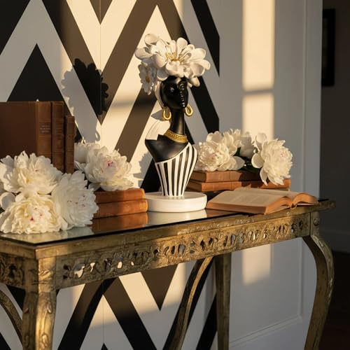 Lescafita African Woman Art Sculpture with White Flower Crown, Black and White Art Statue,Elegant African-Inspired Art Gift Suitable for Various Settings Such as Home, Bookshelves, desks, or Offices - color: 704-white