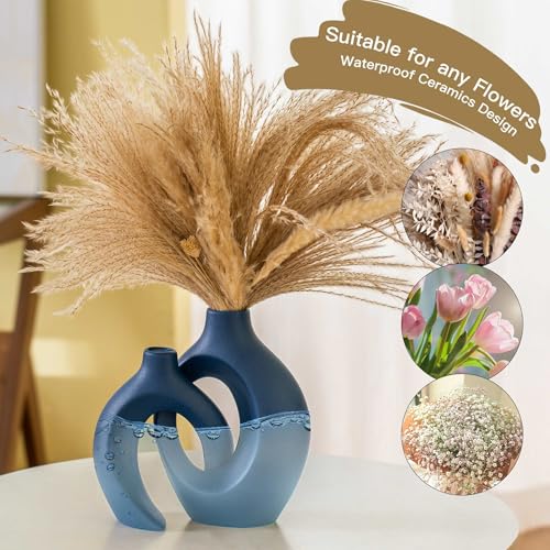 Lvases Snuggle Hollow Ceramic Vase Set of 2, Nordic Modern Boho ins Style Ceramic Aesthetic Flower Vases for Home Decor Living Room Coffee Table Decorative (Matte Navy Blue W 6.3" X H 8.4") - color: Large Navy Blue