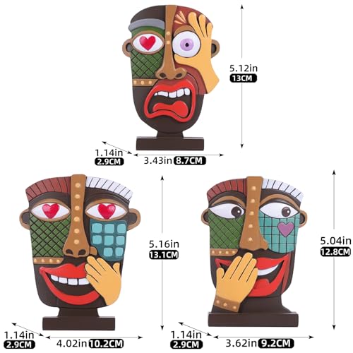 XINGYAN Abstract Resin Face Statues Set of 3–Handmade Modern African Art Sculpture Decor, Creative Weird Art Room Decor for Contemporary Shelf & TV Stand–Small Modern Decorative Items (Set A)