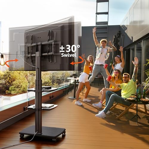FITUEYES Rolling TV Stand with Power Outlets, Swivel Portable TV Stand for 32-70 Inch LCD LED OLED Flat/Curved Panel Screen TVs, Height Adjustable&Wood Base, Mobile TV Cart with 2 Shelves, Black - color: Black, style: With Wheels & Power Strip