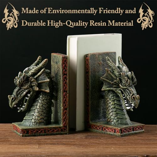 Dragon Book End, Decorative Dragon Bookends, Unique Bookends for Heavy Books, 1 Pair Vintage Cool Dragon Statue for Shelves, Resin Dragon Book Stopper for Bookshelf, Gifts for Book Lover
