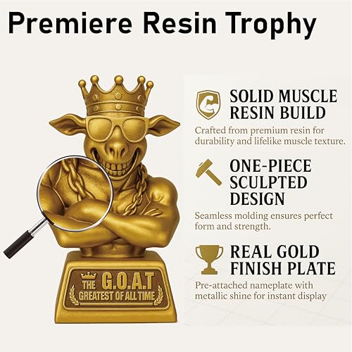 Muscle Goat Trophy – 9" G.O.A.T. with Muscle Resin Award for Fantasy Football, Office Desk, Best Player Trophy