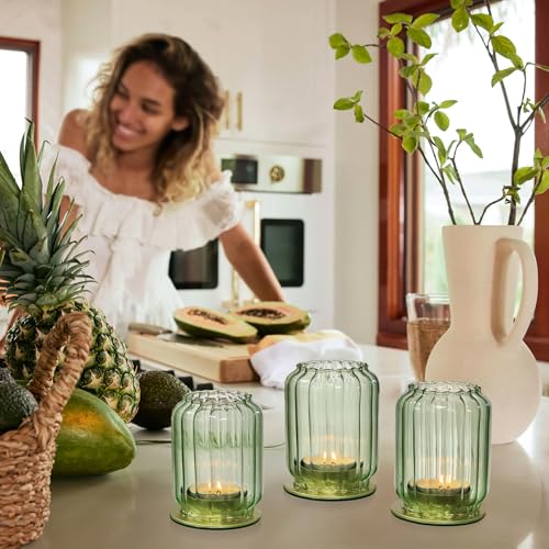 Vixdonos Glass Hurricane Tealight Candle Holder with Metal Candle Stand,Set of 3 Modern Windproof Votive Candle Holders for Wedding Party Table Centerpiece Outdoor,Green - color: Green
