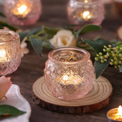 DARJEN 12Pcs Pink Votive Candle Holders - Round Glass Candle Holders for Flameless LED Tea Waxes, Romantic Candle Holder for Wedding & Home Table Decor, Various Parties - color: Pink, size: 12PCS