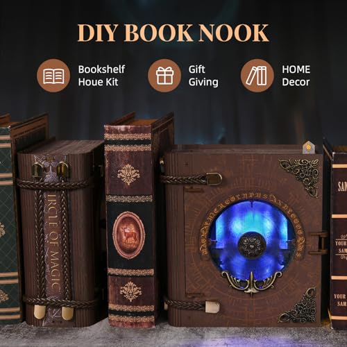 CCCDF Magic Book Nook Kit, Openable Miniature Dollhouse Booknook, 3D Wooden Bookend with LED Light, Wizard Themed DIY Craft Decor for Adults Teens - Circle of Magic - style: Circle of Magic