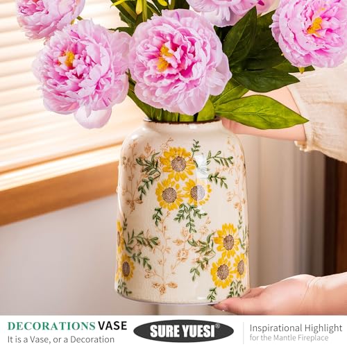 for Mom from Daughter or Son, Sunflower Green & Beige Ceramic Vintage Vase 7.8”, Yellow Cottage Core Floral Centerpiece Vase, Cute Rustic Decor for Living Room, Bedroom, Kitchen - color: Yellow Sunflower - 002