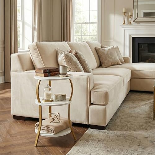 Vintage Small Round Side Table, 3-Tier Slim Waist Circular End Table with Storage Shelf, Compact Tea Sofa Table, Round Corner Coffee Table Nightstand for Living Room Bedroom Small Spaces,White+ Gold - color: White+gold, style: Classic