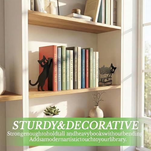 Sanwarm Metal Bookends Cat Black Whimsical Book Ends Decorative Bookend for Home Office Library Desk Book Shelves Decor, Gift for Reading Enthusiasts Non-Skid Book Stoppers Holder (1 Pair) - color: Black Cat 4