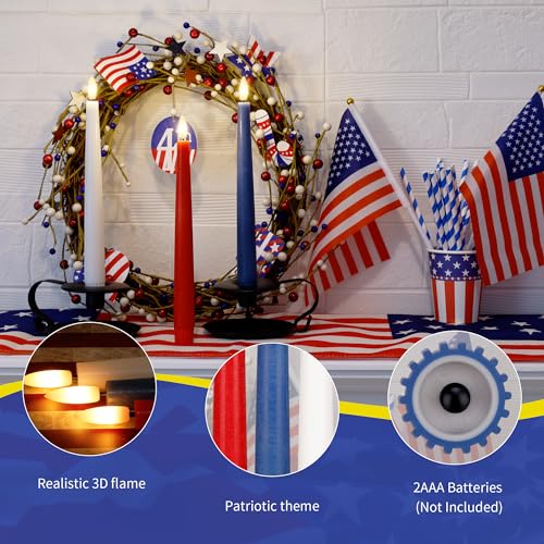 Patriotic Flameless Taper Candles With 3D Wick - 9.6" Real Wax Red White and Blue With Remote and Timer - 4th of July LED Battery Operated Fake Candles, 3 Pack - color: Red,White,Blue