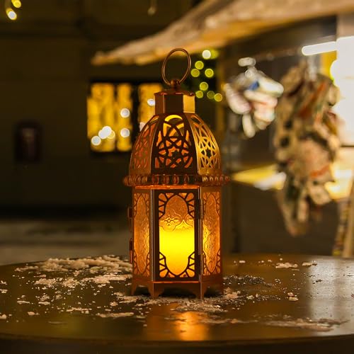 NEEDOMO 12.8'' Moroccan Lanterns Decorative Indoor & Outdoor, Vintage Christmas Candle Holder, Metal Lanterns Decorative, Table, Patio, Porch, Shelf, Christmas Spring Ramadan Eid Home Decor (Golden) - color: Gold, size: Large