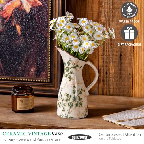 SURE YUESI 7.3” Green Handcrafted Ceramic Pitcher Vase, Vintage Pastoral Floral Vase, Farmhouse Chinoiserie Tuscan Cottage Core Rustic Table Centerpiece - color: 14-green and Beige