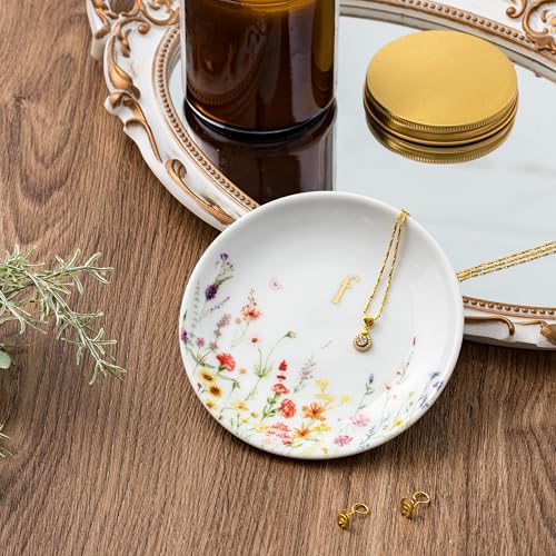 Crisky Initial Jewelry Tray Ring Dish & Gift Box, Ceramic Flower Trinket Dish for Rings Earrings Necklaces Keys, Bridal Shower Engagement Birthday Gift for Women, Friends 4.57" (Gold Foil F - style: Initial F