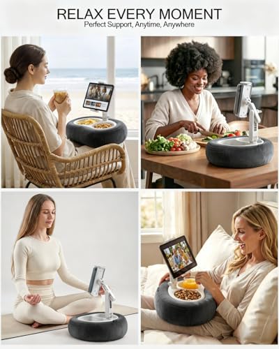 Miledi Tablet Pillow Stand, Compatible with 5"-12.9" Kindle, iPad, Phone/Tablet, 360° Rotating Phone Holder for Bed, Soft Plush Fabric, Detachable Bowl, Reading and Relaxation on Bed, Black - color: Black